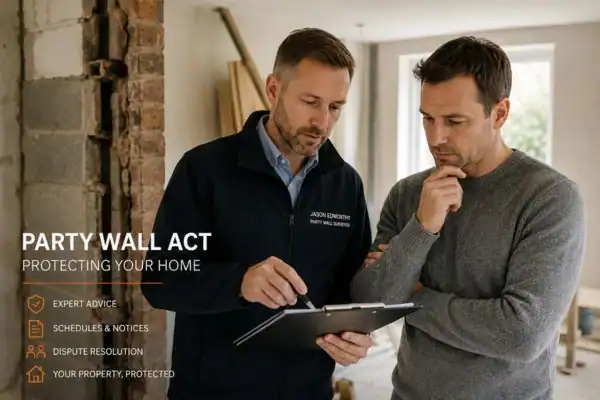 Party wall surveyor Carlton discussing extension plans with homeowner outside a UK semi-detached house.